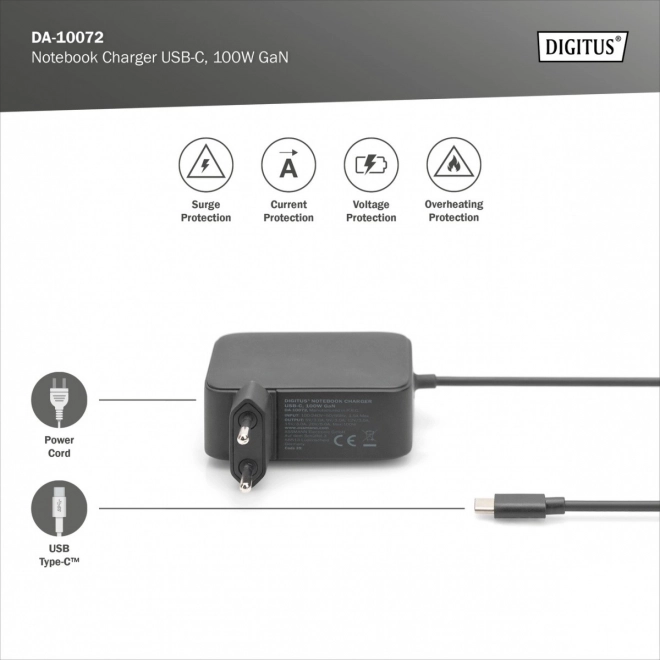 Compact GaN USB-C Charger 100W with Integrated Cable Black