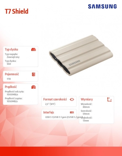 External SSD Samsung T7 Shield 1TB USB 3.2, beige