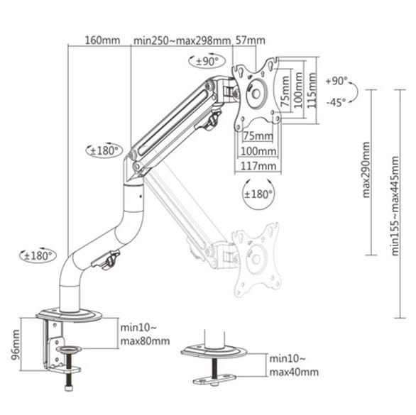 Desk monitor arm adjustable from 17 to 32 inches, weight capacity up to 8 kg