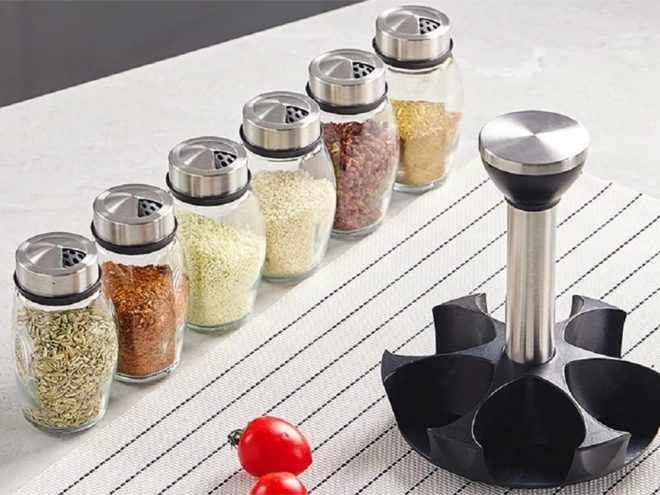 Spice Rack with Rotating Glass Jars Set