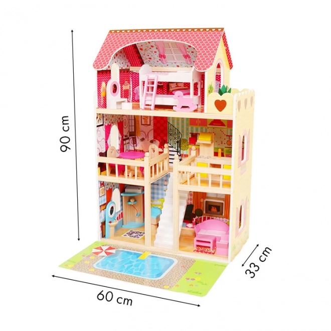 Trædukkehus, møbler, pool + belysning ECOTOYS