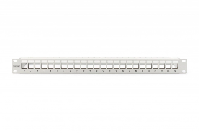 Panel križni modularni 19" 24 vrat za module keystone, 1U, ščitena, z vodenjem kablov in označevalnimi polji, siva