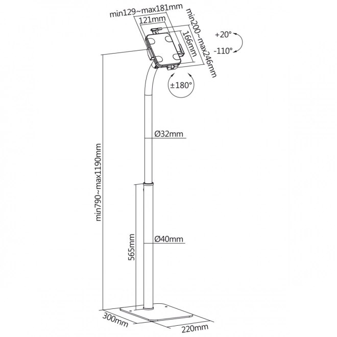 Supporto da pavimento per tablet con blocco bianco 7,9-11 pollici
