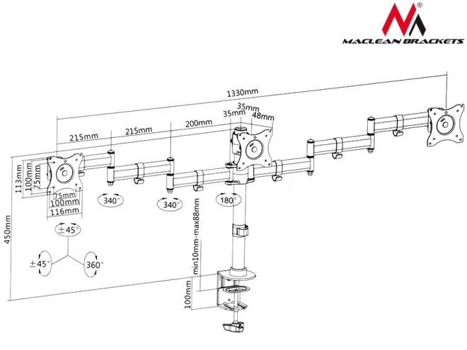 Triple Monitor Desk Mount with Dual Arms for LCD Monitors