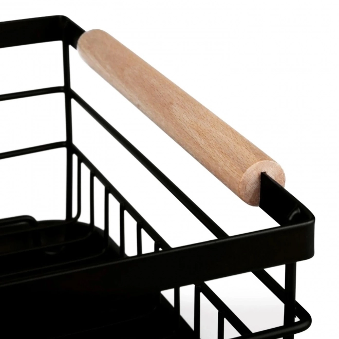 Single-tier Dishwasher Rack with Wooden Handles, Black