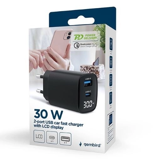 Caricatore GaN USB-A USB-C con LCD 30W PD QC3.0 nero