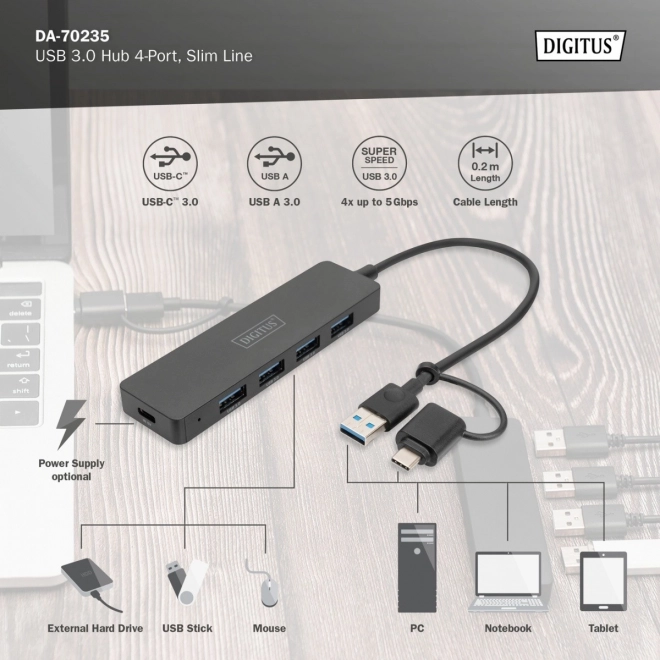 Slimline 4-Port USB Hub with USB-C Adapter