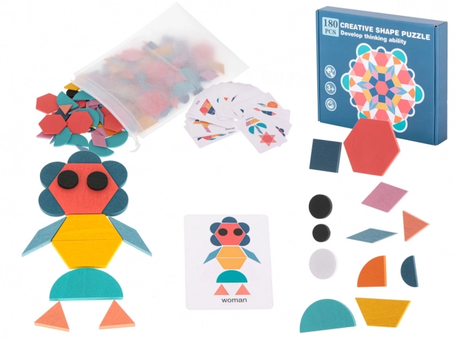 Wooden Tangram Puzzle Montessori Colorful Mosaic 180 Pieces
