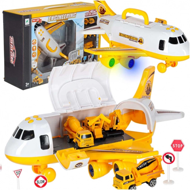 Folding transport airplane with construction cars, lights and sounds