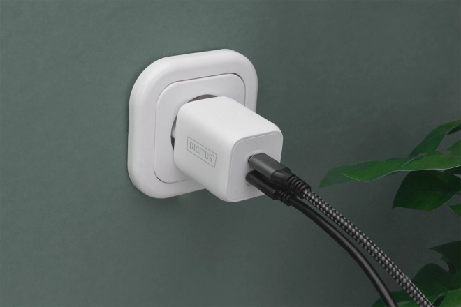 Výkonná sieťová nabíjačka DIGITUS 2x USB-C GaN 65W, biela