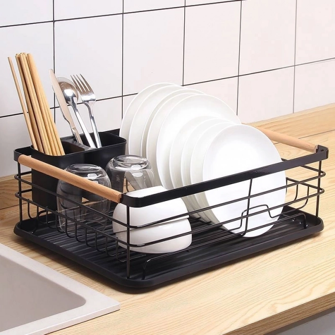 Single-tier Dishwasher Rack with Wooden Handles, Black