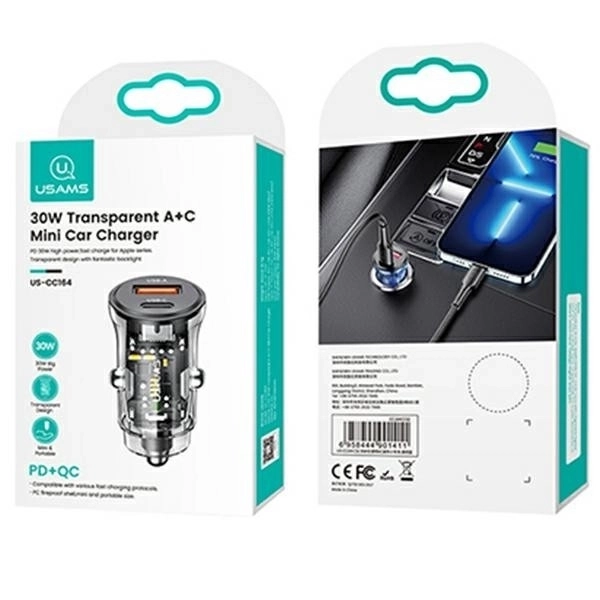 30W Fast Charge Car Charger with USB and USB-C Ports