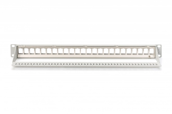 Panel križni modularni 19" 24 vrat za module keystone, 1U, ščitena, z vodenjem kablov in označevalnimi polji, siva