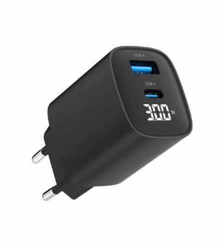 Caricatore GaN USB-A USB-C con LCD 30W PD QC3.0 nero