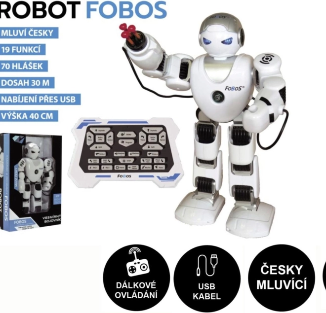 Interaktívny robot FOBOS 40 cm, hovoriaci po česky, s diaľkovým ovládaním a nabíjaním cez USB