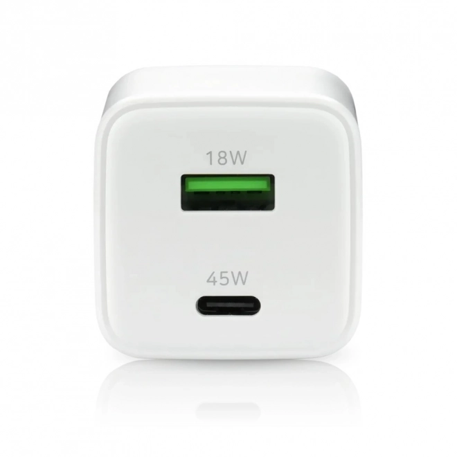 Compact White GaN Wall Charger with USB and USB-C 45W