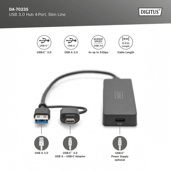 Slimline 4-Port USB Hub with USB-C Adapter