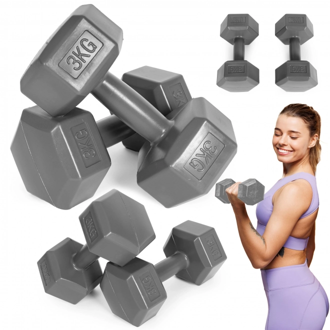 Set of Hexagonal Dumbbells 2x3 kg, Gray
