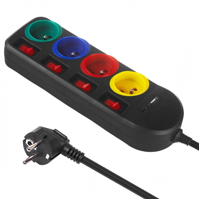 Prodlužovací kabel 1,5 m 250VAC 10A 4 zásuvky MCE508 B USB-C Quick charge 2.0 port IP20