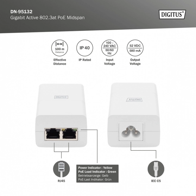 PoE+ Active Gigabit Adapter Injector White