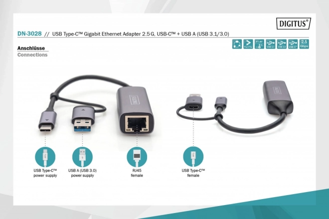 Digitus adattatore da USB-C a USB-A a RJ45 2,5 Gigabit Ethernet