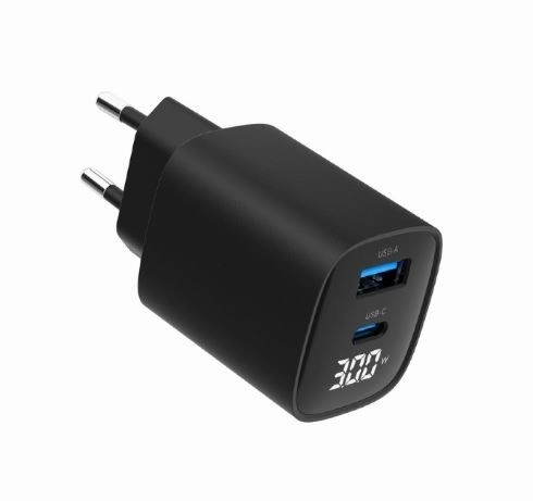 Caricatore GaN USB-A USB-C con LCD 30W PD QC3.0 nero