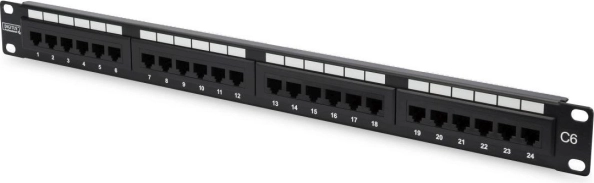 Patch panel 19" 24 ports, category 6, U/UTP, 1U with cable support, black