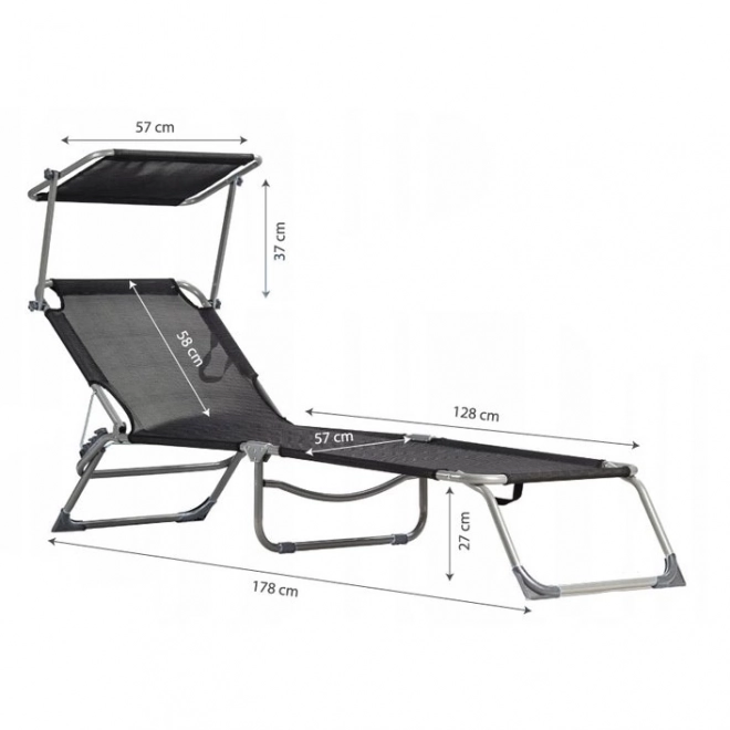 Lounger, adjustable garden chair with canopy, black