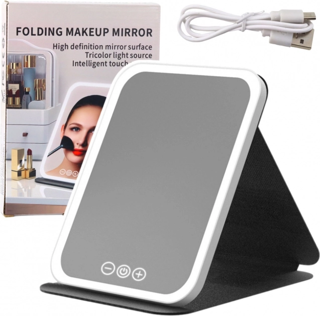 Folding LED mirror with case and stand, 3 lighting modes, stepless brightness control, 23 cm