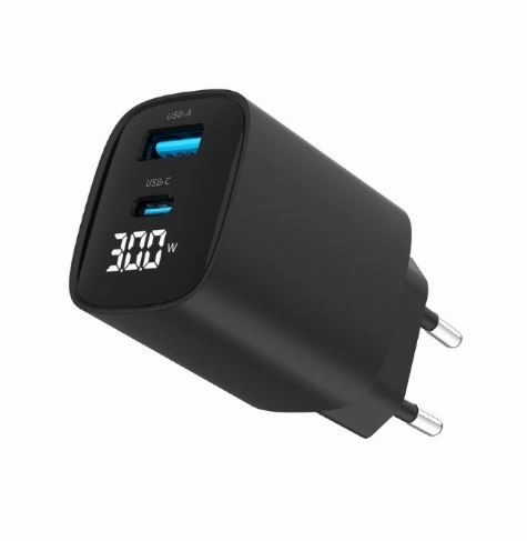 Caricatore GaN USB-A USB-C con LCD 30W PD QC3.0 nero
