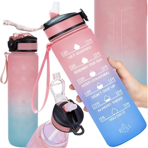 Motivations-Wasserflasche 1 l TRIZAND mit Trinkhalm und Zeitskala