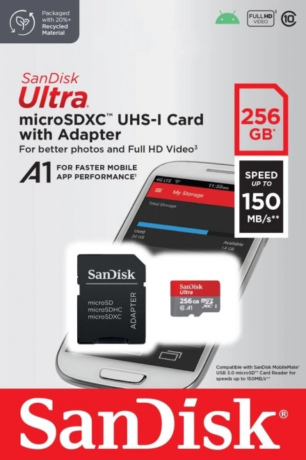 Ultra microSDXC 256GB 150MB/s A1 s SD adapterjem