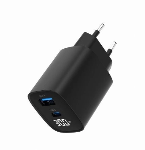 Caricatore GaN USB-A USB-C con LCD 30W PD QC3.0 nero