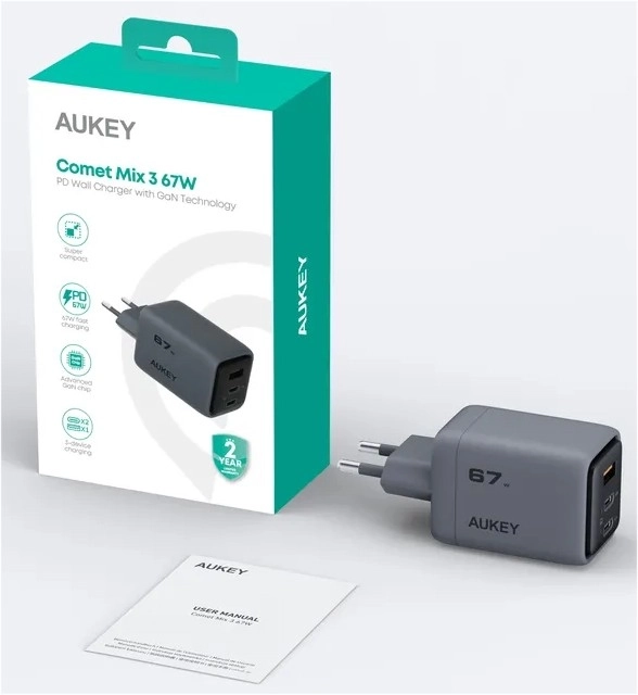 Aukey PA-C3 Comet Mix 3 GaN ultra-fast wall charger 67 W 3x USB (2x USB-C and 1x USB-A)