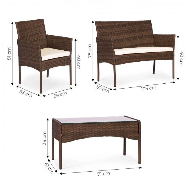 Garden furniture set with rattan look – bench, table, chairs brown MultiGarden