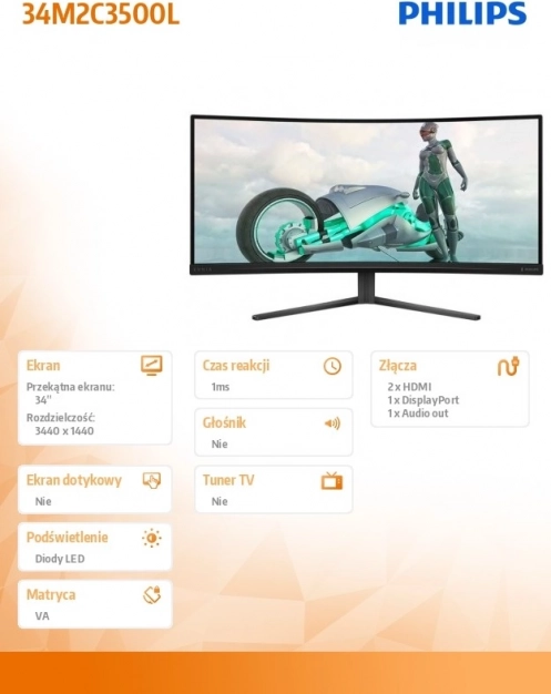 Monitor gaming curvo 34" VA, 180 Hz, HDMI e DisplayPort