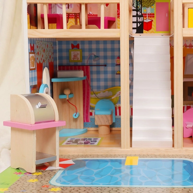 Trædukkehus, møbler, pool + belysning ECOTOYS