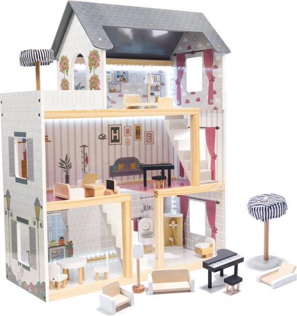 Maison de poupées en bois avec éclairage LED