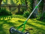 Manual lawn aerator and scarifier on wheels with gloves