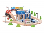 Wooden Train Set with Police Station and Bridge