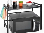 Adjustable kitchen shelf above microwave with hooks, metal