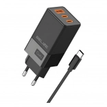 Mrežni punjač 65W GaN 2x USB‑C + USB‑A s USB‑C kabelom – crna